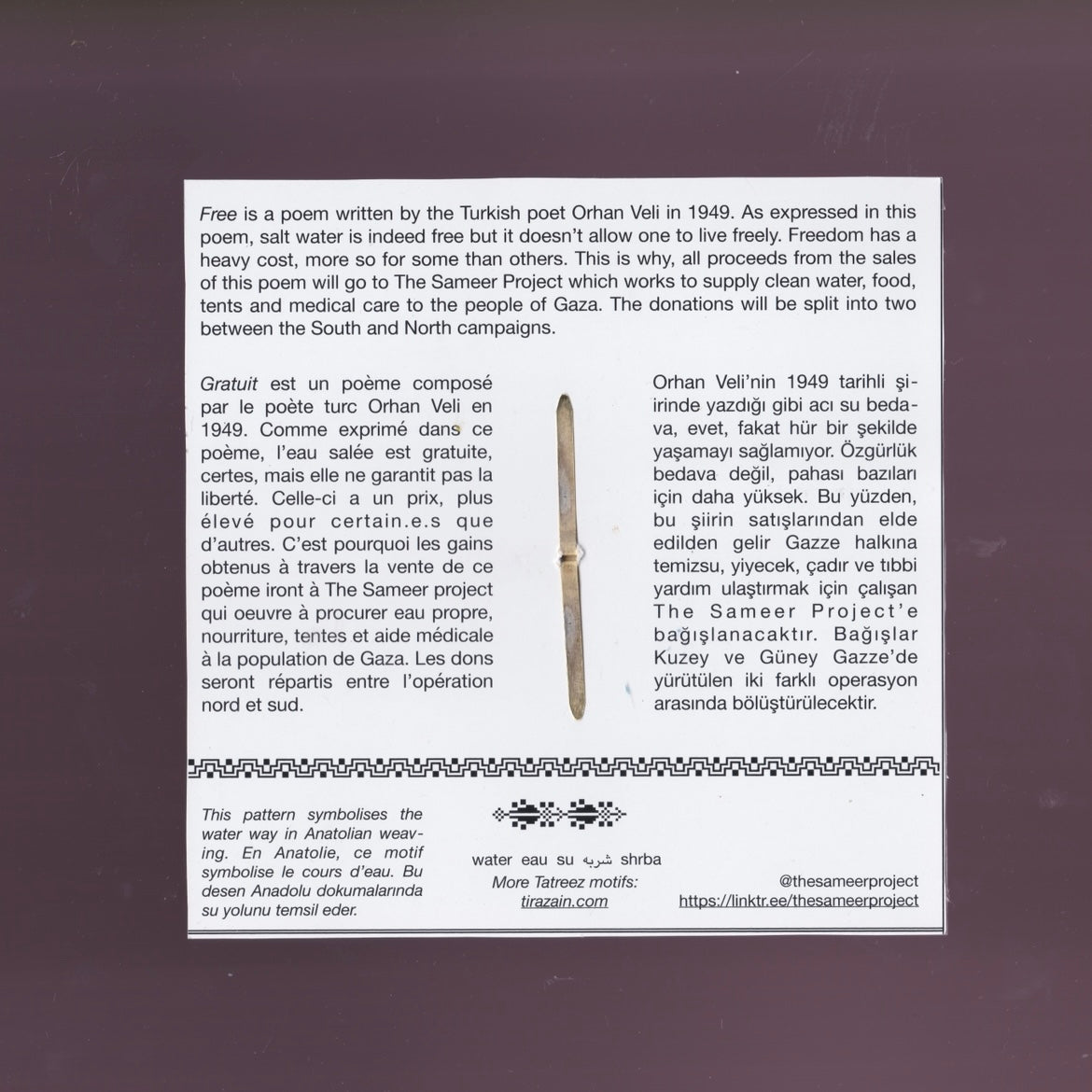 Bedava/ Free/ Gratuit, Orhan Veli - 10€ Donation to the Sameer Project (Gaza)